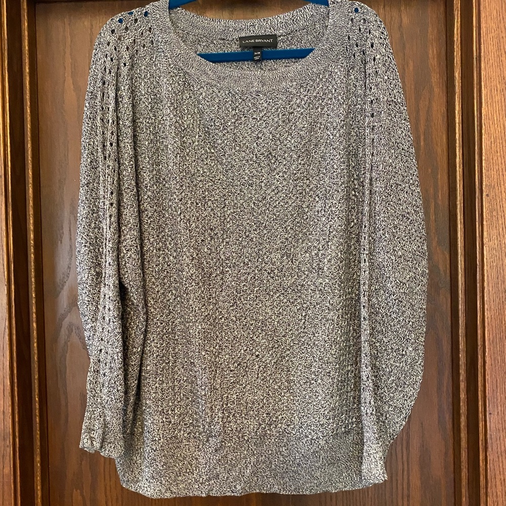 Grey (black white) light sweater with open knit sleeves
